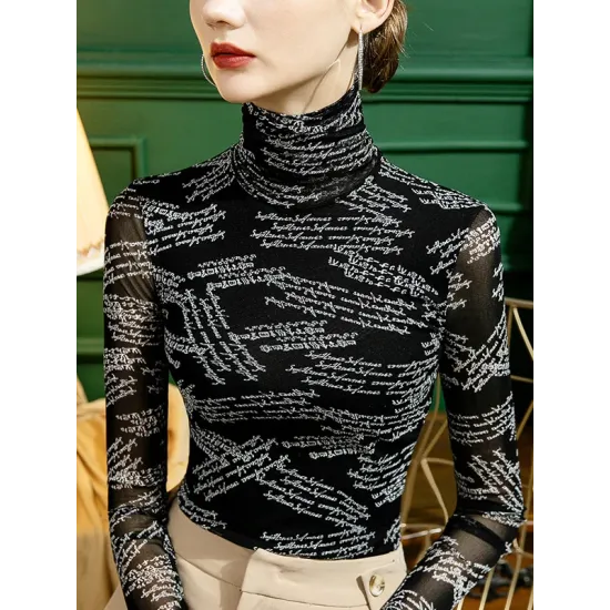 Gauze Letter Print Long Sleeves Skinny High-Neck T-Shirts Gauze Letter Print Long Sleeves Skinny High-Neck T-Shirts