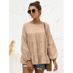 Casual Long Sleeves Puff Sleeves Solid Color Round-Neck T-Shirts Tops