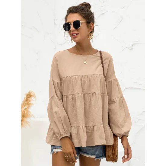 Casual Long Sleeves Puff Sleeves Solid Color Round-Neck T-Shirts Tops Casual Long Sleeves Puff Sleeves Solid Color Round-Neck T-Shirts Tops