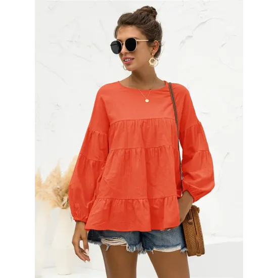 Casual Long Sleeves Puff Sleeves Solid Color Round-Neck T-Shirts Tops Casual Long Sleeves Puff Sleeves Solid Color Round-Neck T-Shirts Tops