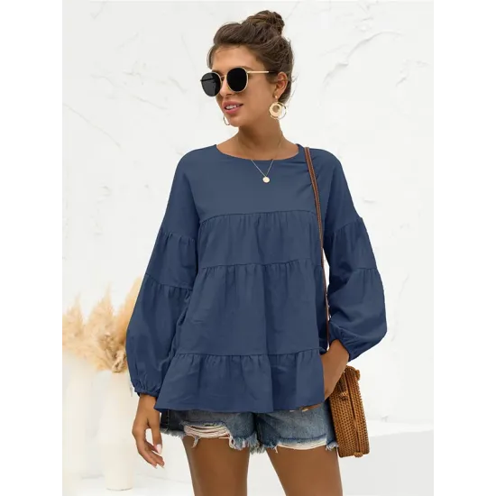 Casual Long Sleeves Puff Sleeves Solid Color Round-Neck T-Shirts Tops Casual Long Sleeves Puff Sleeves Solid Color Round-Neck T-Shirts Tops