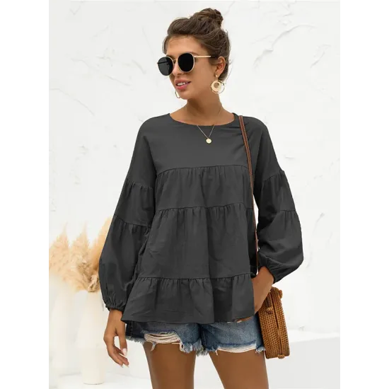 Casual Long Sleeves Puff Sleeves Solid Color Round-Neck T-Shirts Tops Casual Long Sleeves Puff Sleeves Solid Color Round-Neck T-Shirts Tops
