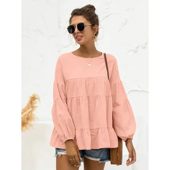 Casual Long Sleeves Puff Sleeves Solid Color Round-Neck T-Shirts Tops Casual Long Sleeves Puff Sleeves Solid Color Round-Neck T-Shirts Tops