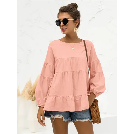 Casual Long Sleeves Puff Sleeves Solid Color Round-Neck T-Shirts Tops Casual Long Sleeves Puff Sleeves Solid Color Round-Neck T-Shirts Tops