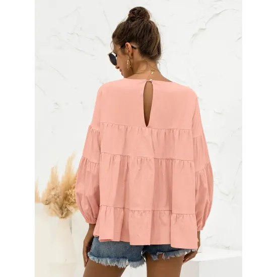 Casual Long Sleeves Puff Sleeves Solid Color Round-Neck T-Shirts Tops Casual Long Sleeves Puff Sleeves Solid Color Round-Neck T-Shirts Tops
