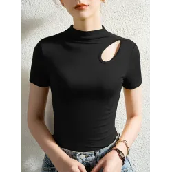 Hollow Solid Color Skinny Half Turtleneck T-Shirts Tops