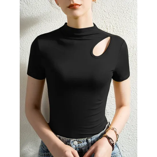 Hollow Solid Color Skinny Half Turtleneck T-Shirts Tops Hollow Solid Color Skinny Half Turtleneck T-Shirts Tops