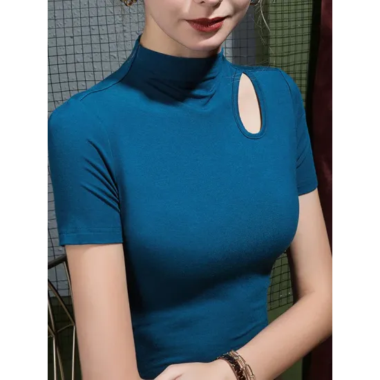 Hollow Solid Color Skinny Half Turtleneck T-Shirts Tops Hollow Solid Color Skinny Half Turtleneck T-Shirts Tops