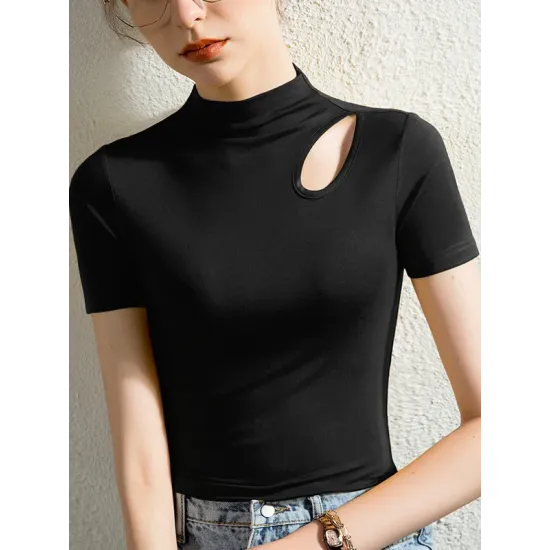 Hollow Solid Color Skinny Half Turtleneck T-Shirts Tops Hollow Solid Color Skinny Half Turtleneck T-Shirts Tops