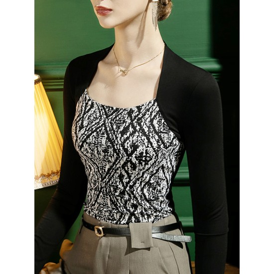 Casual Skinny Contrast Color Printed Square-Neck T-Shirts Tops Casual Skinny Contrast Color Printed Square-Neck T-Shirts Tops