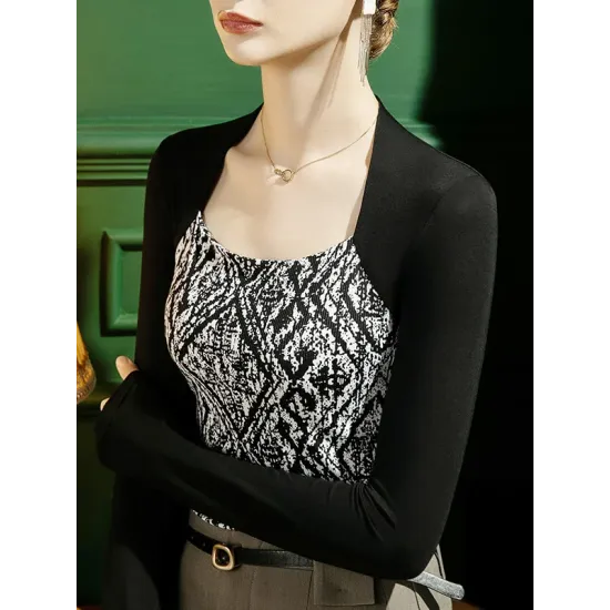 Casual Skinny Contrast Color Printed Square-Neck T-Shirts Tops Casual Skinny Contrast Color Printed Square-Neck T-Shirts Tops