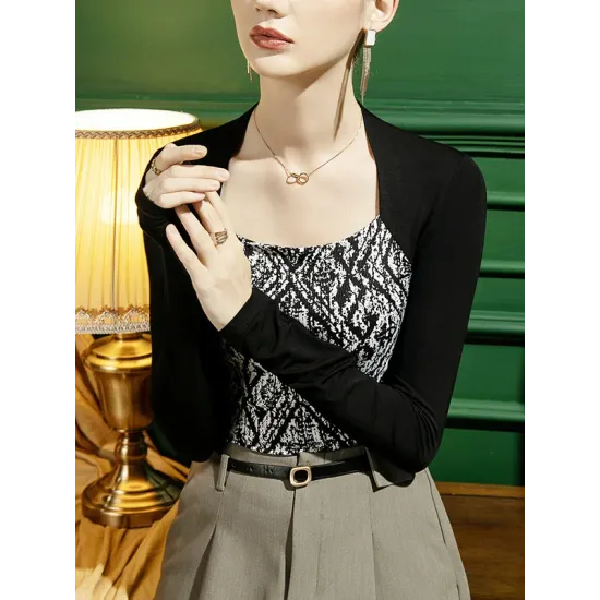 Casual Skinny Contrast Color Printed Square-Neck T-Shirts Tops Casual Skinny Contrast Color Printed Square-Neck T-Shirts Tops