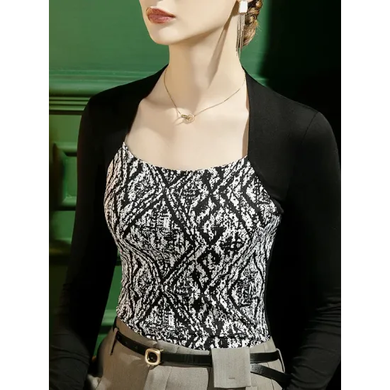 Casual Skinny Contrast Color Printed Square-Neck T-Shirts Tops Casual Skinny Contrast Color Printed Square-Neck T-Shirts Tops
