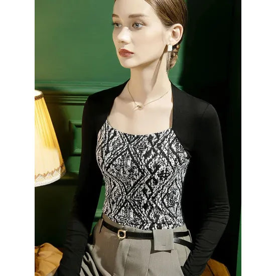 Casual Skinny Contrast Color Printed Square-Neck T-Shirts Tops Casual Skinny Contrast Color Printed Square-Neck T-Shirts Tops