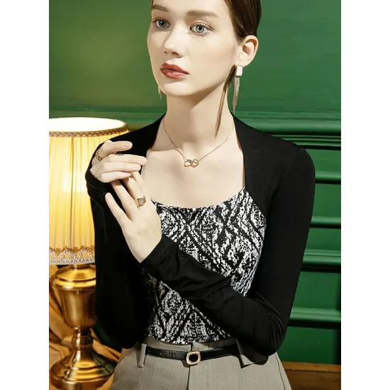 Casual Skinny Contrast Color Printed Square-Neck T-Shirts Tops Casual Skinny Contrast Color Printed Square-Neck T-Shirts Tops