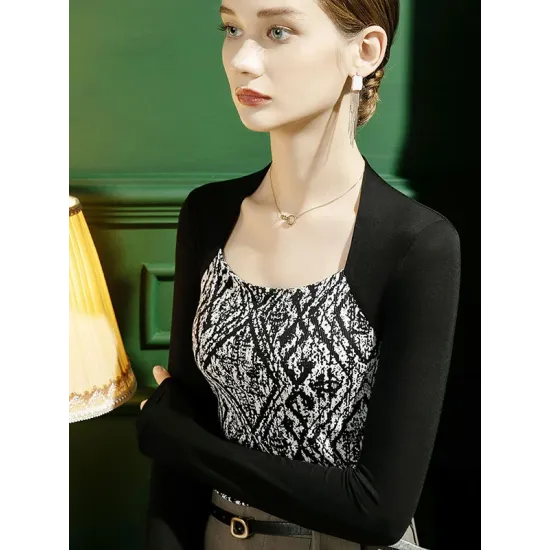 Casual Skinny Contrast Color Printed Square-Neck T-Shirts Tops Casual Skinny Contrast Color Printed Square-Neck T-Shirts Tops
