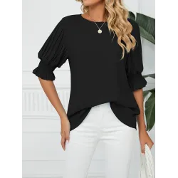 Pleated Solid Color Loose Puff Sleeves Round-Neck T-Shirts Tops