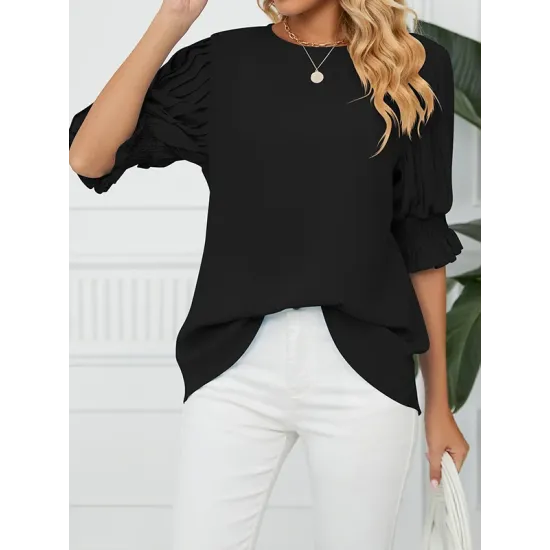 Pleated Solid Color Loose Puff Sleeves Round-Neck T-Shirts Tops