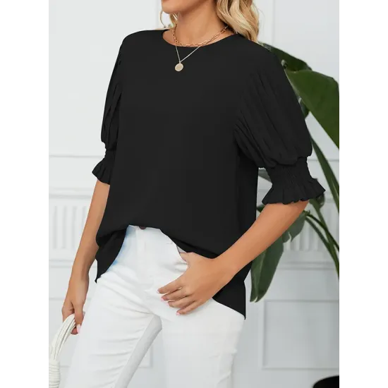 Pleated Solid Color Loose Puff Sleeves Round-Neck T-Shirts Tops