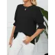 Pleated Solid Color Loose Puff Sleeves Round-Neck T-Shirts Tops