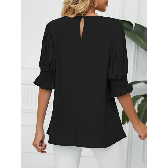 Pleated Solid Color Loose Puff Sleeves Round-Neck T-Shirts Tops
