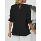 Pleated Solid Color Loose Puff Sleeves Round-Neck T-Shirts Tops