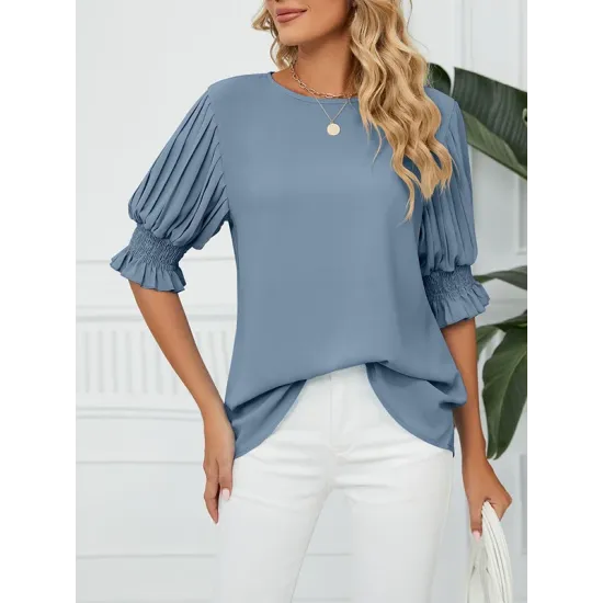 Pleated Solid Color Loose Puff Sleeves Round-Neck T-Shirts Tops