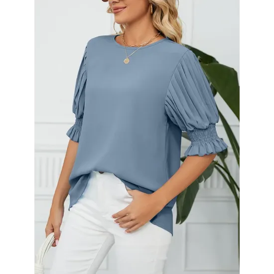 Pleated Solid Color Loose Puff Sleeves Round-Neck T-Shirts Tops