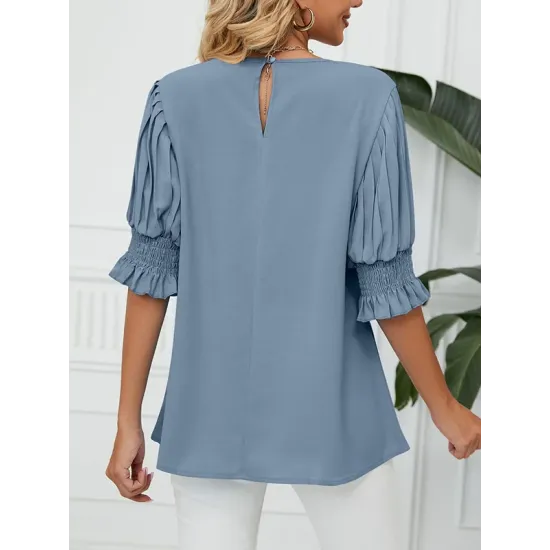 Pleated Solid Color Loose Puff Sleeves Round-Neck T-Shirts Tops