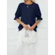 Pleated Solid Color Loose Puff Sleeves Round-Neck T-Shirts Tops