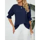 Pleated Solid Color Loose Puff Sleeves Round-Neck T-Shirts Tops