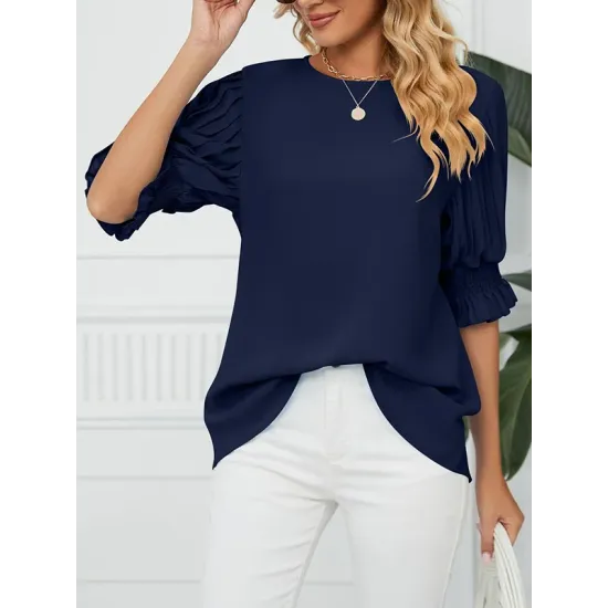 Pleated Solid Color Loose Puff Sleeves Round-Neck T-Shirts Tops