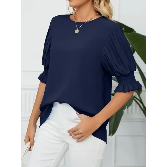 Pleated Solid Color Loose Puff Sleeves Round-Neck T-Shirts Tops