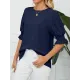 Pleated Solid Color Loose Puff Sleeves Round-Neck T-Shirts Tops
