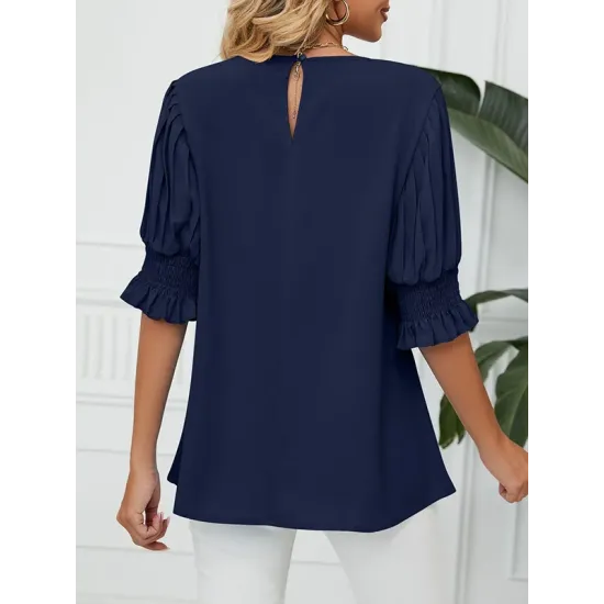 Pleated Solid Color Loose Puff Sleeves Round-Neck T-Shirts Tops