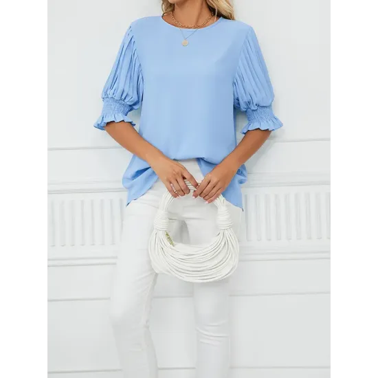 Pleated Solid Color Loose Puff Sleeves Round-Neck T-Shirts Tops