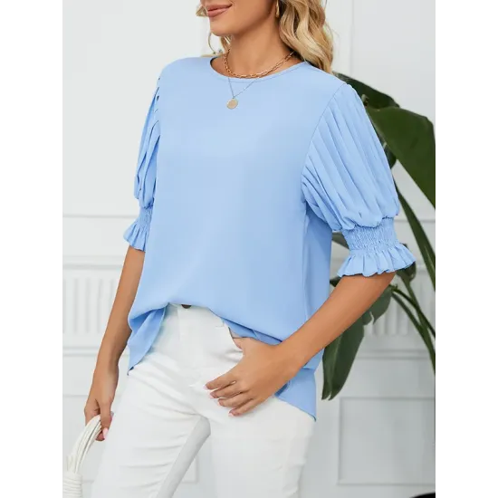 Pleated Solid Color Loose Puff Sleeves Round-Neck T-Shirts Tops
