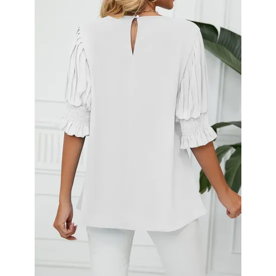 Pleated Solid Color Loose Puff Sleeves Round-Neck T-Shirts Tops
