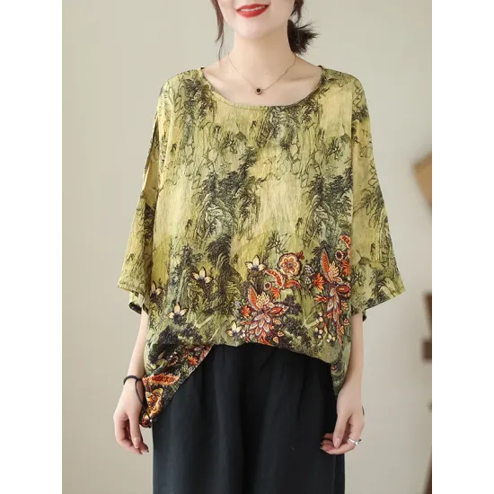 Printed Loose Short Sleeves Round-Neck T-Shirts Tops Printed Loose Short Sleeves Round-Neck T-Shirts Tops