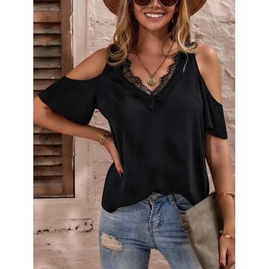Lacy Solid Color Loose Cold shoulder T-Shirts Tops Lacy Solid Color Loose Cold shoulder T-Shirts Tops