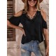 Lacy Solid Color Loose Cold shoulder T-Shirts Tops Lacy Solid Color Loose Cold shoulder T-Shirts Tops