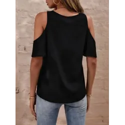 Lacy Solid Color Loose Cold shoulder T-Shirts Tops