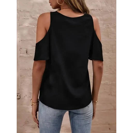 Lacy Solid Color Loose Cold shoulder T-Shirts Tops Lacy Solid Color Loose Cold shoulder T-Shirts Tops