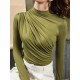 Long Sleeves Skinny Pleated Solid Color High-Neck T-Shirts Tops Long Sleeves Skinny Pleated Solid Color High-Neck T-Shirts Tops