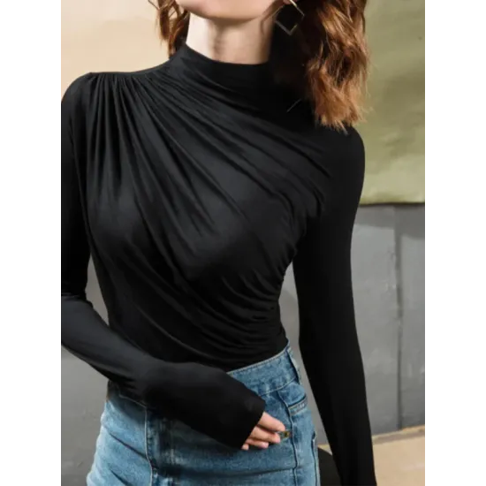 Long Sleeves Skinny Pleated Solid Color High-Neck T-Shirts Tops Long Sleeves Skinny Pleated Solid Color High-Neck T-Shirts Tops