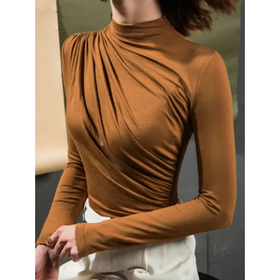 Long Sleeves Skinny Pleated Solid Color High-Neck T-Shirts Tops Long Sleeves Skinny Pleated Solid Color High-Neck T-Shirts Tops