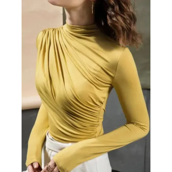 Long Sleeves Skinny Pleated Solid Color High-Neck T-Shirts Tops Long Sleeves Skinny Pleated Solid Color High-Neck T-Shirts Tops