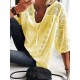 Simple Casual Hollow Lace Split-Joint U-Neck T-Shirt Top Simple Casual Hollow Lace Split-Joint U-Neck T-Shirt Top