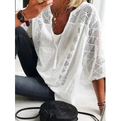 Simple Casual Hollow Lace Split-Joint U-Neck T-Shirt Top