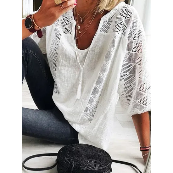 Simple Casual Hollow Lace Split-Joint U-Neck T-Shirt Top Simple Casual Hollow Lace Split-Joint U-Neck T-Shirt Top